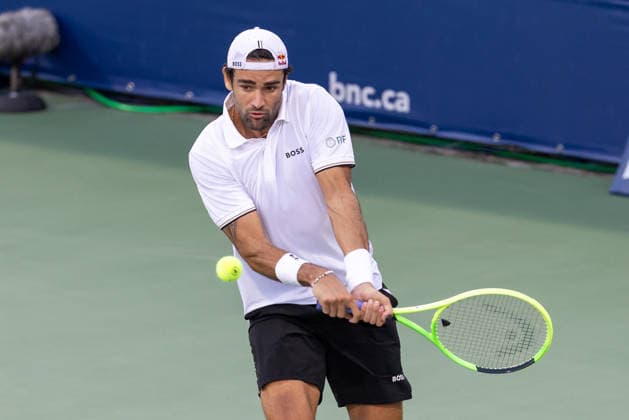 August 3, 2026, Montreal, Quebec, Canada: MATEO BERRETTINI from Italia backhand in match against Mariano Navone from Argentina in first round at Canadian Open at IGA stadium in Montreal, Quebec, Canada on 2026-08-03 Montreal Canada - ZUMAl189 20260803_zsp_l189_062 Copyright: xYannickxLegarex