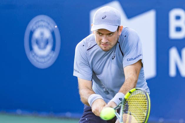August 3, 2026, Montreal, Quebec, Canada: NICOLAS MEjIA from Colombia backhand in match against Martin Landaluce from Spain in first round at Canadian Open at IGA stadium in Montreal, Quebec, Canada on 2026-08-03 TENNIS: Canadian Open Montreal 2026  - ZUMAl189 20260803_zsp_l189_055 Copyright: xYannickxLegarex