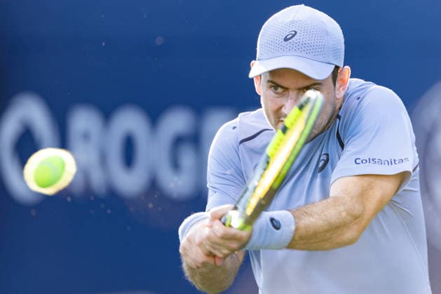 August 3, 2026, Montreal, Quebec, Canada: NICOLAS MEjIA from Colombia backhand in match against Martin Landaluce from Spain in first round at Canadian Open at IGA stadium in Montreal, Quebec, Canada on 2026-08-03 Montreal Canada - ZUMAl189 20260803_zsp_l189_081 Copyright: xYannickxLegarex