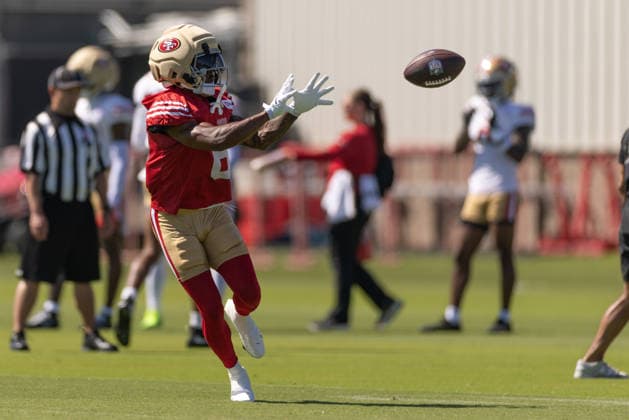 NFL, American Football Herren, USA San Francisco 49ers Training Camp Aug 3, 2026; Santa Clara, California, USA; San Francisco 49ers wide receiver Jacob Cowing (6) catches the ball during Training Camp at the SAP Performance Center next to Levi™s Stadium. Mandatory Credit: Stan Szeto - Image of Santa Clara California USA EDITORIAL USE ONLY Copyright: xStanxSzetox StanxSzetox iosphotos416947