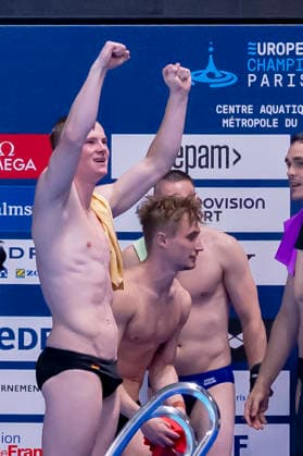France, Paris, Centre Aquatique Olympique Metropole du Grand Paris, 03.08.2026, European Aquatics Championships Artistic Swimming, Day 4, Men™s 3m Springboard Synchro Final, Jonathan Giesbert Schauer of Germany celebrate winning the Gold Medal, Photo by Eibner Pressefoto Tino Henschel European Aquatics Championships Artistic Swimming, Day 4, Men™s 3m Springboard Synchro Final Paris *** France, Paris, Centre Aquatique Olympique Metropole du Grand Paris, August 3, 2026, European Aquatics Championships – Artistic Swimming, Day 4, Men’s 3m Springboard Synchronized Final, Jonathan Giesbert Schauer of Germany celebrates winning the gold medal, Photo by Eibner Pressefoto Tino Henschel European Aquatics Championships Artistic Swimming, Day 4, Men’s 3m Springboard Synchronized Final, Paris Copyright: xEibnerxPressefotox