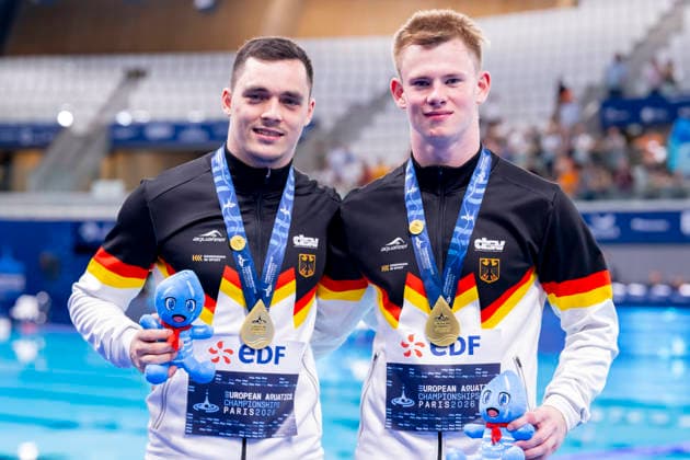 France, Paris, Centre Aquatique Olympique Metropole du Grand Paris, 03.08.2026, European Aquatics Championships Artistic Swimming, Day 4, Men™s 3m Springboard Synchro Final, Lou Noel Guy Massenberg and Jonathan Giesbert Schauer of Germany celebrate winning the Gold Medal, Photo by Eibner Pressefoto Tino Henschel European Aquatics Championships Artistic Swimming, Day 4, Men™s 3m Springboard Synchro Final Paris *** France, Paris, Centre Aquatique Olympique Metropole du Grand Paris, August 3, 2026, European Aquatics Championships – Artistic Swimming, Day 4, Men’s 3m Springboard Synchronized Final, Lou Noel Guy Massenberg and Jonathan Giesbert Schauer of Germany celebrate winning the gold medal, Photo by Eibner Pressefoto Tino Henschel European Aquatics Championships Artistic Swimming, Day 4, Men’s 3m Springboard Synchronized Final, Paris Copyright: xEibnerxPressefotox