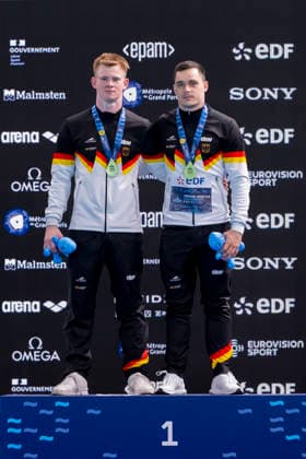 France, Paris, Centre Aquatique Olympique Metropole du Grand Paris, 03.08.2026, European Aquatics Championships Artistic Swimming, Day 4, Men™s 3m Springboard Synchro Final, Lou Noel Guy Massenberg and Jonathan Giesbert Schauer of Germany celebrate winning the Gold Medal, Photo by Eibner Pressefoto Tino Henschel European Aquatics Championships Artistic Swimming, Day 4, Men™s 3m Springboard Synchro Final Paris *** France, Paris, Centre Aquatique Olympique Metropole du Grand Paris, August 3, 2026, European Aquatics Championships – Artistic Swimming, Day 4, Men’s 3m Springboard Synchronized Final, Lou Noel Guy Massenberg and Jonathan Giesbert Schauer of Germany celebrate winning the gold medal, Photo by Eibner Pressefoto Tino Henschel European Aquatics Championships Artistic Swimming, Day 4, Men’s 3m Springboard Synchronized Final, Paris Copyright: xEibnerxPressefotox
