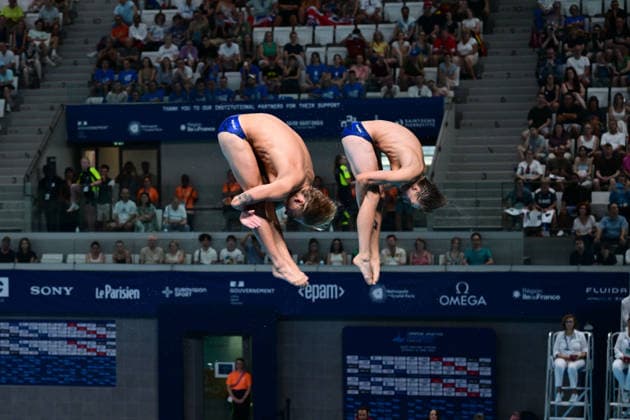 European Aquatics Championship 2026 - Men s Synchronized 3m Springboard Final Elias Petersen and Peder Saur Hubred from Sweden during the Men s synchronized 3m Springboard final at the European Aquatics Championship on August 3rd, 2026 in Saint Denis, Paris, France. Photo by Tomas Stevens ABACAPRESS.COM Saint Denis Ile-de-France France  Copyright: xStevensxTomas ABACAx