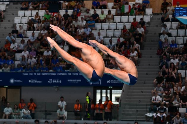 European Aquatics Championship 2026 - Men s Synchronized 3m Springboard Final Stefano Belotti and Matteo Santoro from Italia during the Men s synchronized 3m Springboard final at the European Aquatics Championship on August 3rd, 2026 in Saint Denis, Paris, France. Photo by Tomas Stevens ABACAPRESS.COM Saint Denis Ile-de-France France  Copyright: xStevensxTomas ABACAx