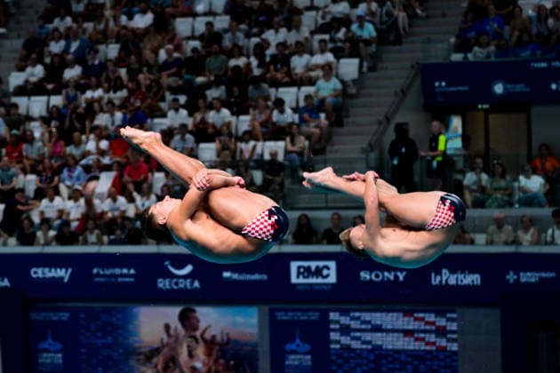 European Aquatics Championship 2026 - Men s Synchronized 3m Springboard Final Luka Martinovic and Matej Nevescanin from Croatia during the Men s synchronized 3m Springboard final at the European Aquatics Championship on August 3rd, 2026 in Saint Denis, Paris, France. Photo by Tomas Stevens ABACAPRESS.COM Saint Denis Ile-de-France France  Copyright: xStevensxTomas ABACAx