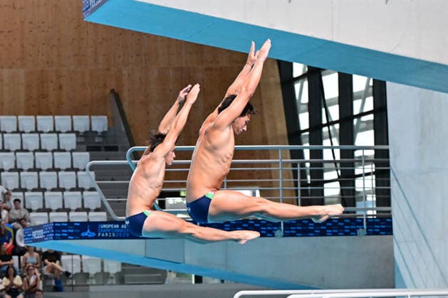 European Aquatics Championship 2026 - Men s Synchronized 3m Springboard Final Stefano Belotti and Matteo Santoro from Italia during the Men s synchronized 3m Springboard final at the European Aquatics Championship on August 3rd, 2026 in Saint Denis, Paris, France. Photo by Tomas Stevens ABACAPRESS.COM Saint Denis Ile-de-France France  Copyright: xStevensxTomas ABACAx