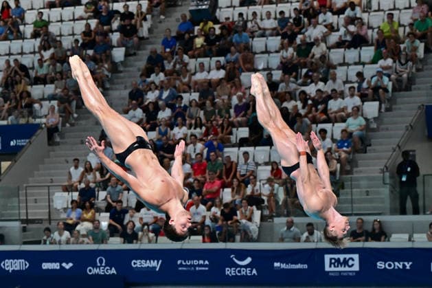 European Aquatics Championship 2026 - Men s Synchronized 3m Springboard Final Anthony Harding and Jack Laugher from Great Britain during the Men s synchronized 3m Springboard final at the European Aquatics Championship on August 3rd, 2026 in Saint Denis, Paris, France. Photo by Tomas Stevens ABACAPRESS.COM Saint Denis Ile-de-France France  Copyright: xStevensxTomas ABACAx