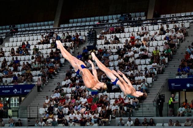 European Aquatics Championship 2026 - Men s Synchronized 3m Springboard Final Elias Petersen and Peder Saur Hubred from Sweden during the Men s synchronized 3m Springboard final at the European Aquatics Championship on August 3rd, 2026 in Saint Denis, Paris, France. Photo by Tomas Stevens ABACAPRESS.COM Saint Denis Ile-de-France France  Copyright: xStevensxTomas ABACAx