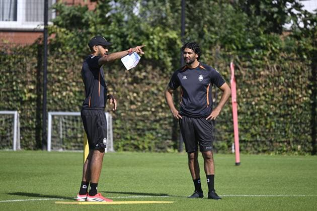 Antwerp s assistant coach Faris Haroun and Antwerp s head coach Marvin Compper pictured during a training session of Belgian soccer team Royal Antwerp FC ahead of the start of the Belgian Jupiler Pro League 2026-2027 season, Tuesday 04 August 2026 in Antwerp. TOM GOYVAERTS TomxGoyvaerts  x182726381x