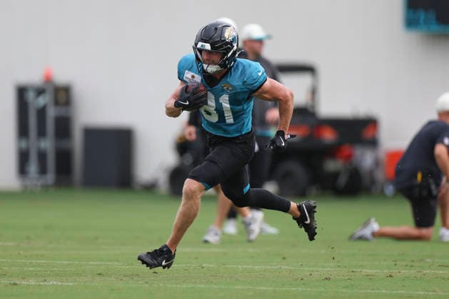 JACKSONVILLE, FL - AUGUST 04: Jacksonville Jaguars wide receiver Austin Trammell (81) works on a drill during training camp on August 4, 2026 at the Miller Electric Center in Jacksonville, Fl. (Photo by David Rosenblum Icon Sportswire) NFL, American Football Herren, USA AUG 04 Jaguars Training Camp EDITORIAL USE ONLY Icon260804229796