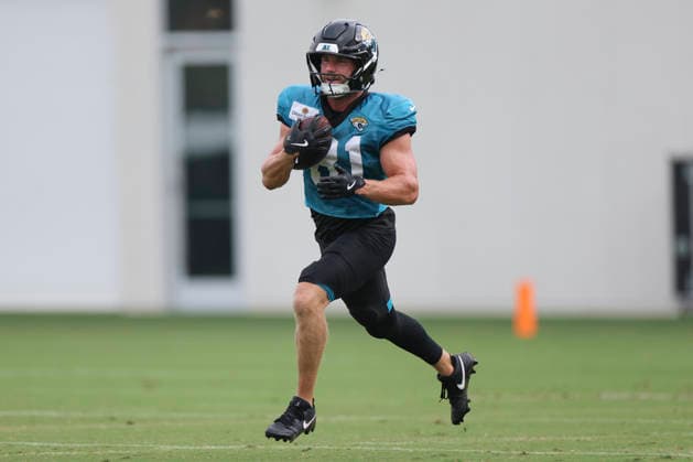 JACKSONVILLE, FL - AUGUST 04: Jacksonville Jaguars wide receiver Austin Trammell (81) works on a drill during training camp on August 4, 2026 at the Miller Electric Center in Jacksonville, Fl. (Photo by David Rosenblum Icon Sportswire) NFL, American Football Herren, USA AUG 04 Jaguars Training Camp EDITORIAL USE ONLY Icon260804229797