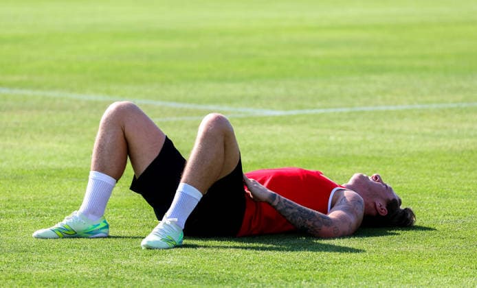 04.08.2026, Deutschland, Grassau, Fußball Bundesliga, Saison 2026 2027, Trainingslager VfB Stuttgart, Angelo Stiller *** August 4, 2026, Germany, Grassau, Bundesliga, 2026–2027 Season, VfB Stuttgart Training Camp, Angelo Stiller
