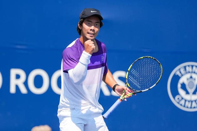 MONTREAL, QC - AUGUST 04: Duncan Chan (CAN) reacts after scoring a point during a first round match at National Bank Open on August 04, 2026 at IGA Stadium in Montreal, QC (Photo by David Kirouac Icon Sportswire) TENNIS: AUG 04 National Bank Open EDITORIAL USE ONLY Icon26080403426
