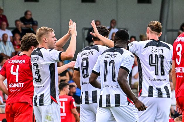 04.08.2026, GER, Fußball, Herren,Toto-Pokal Bayern, Saison 2026 2027, FC Memmingen vs FC Ingolstadt 04 Ingolstädter Torjubel nach Tor zum 2:0, Fredrik Carlsen (Ingolstadt, 8) in der Bildmitte Memmingen e-con ArenaPark Bayern Deutschland *** August 4, 2026, GER, Soccer, Men s, Bavarian Toto Cup, 2026–2027 Season, FC Memmingen vs. FC Ingolstadt 04; Ingolstadt players celebrate after scoring the 2–0 goal; Fredrik Carlsen (Ingolstadt), No. 8, center of the frame; Memmingen, ArenaPark, Bavaria, Germany Copyright: xNordphotox xHafnerx