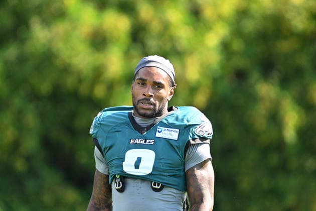 PHILADELPHIA, PA - AUGUST 04: Philadelphia Eagles running back Tank Bigsby 8 is shown during the Philadelphia Eagles training camp on August 4th, 2026 at Jefferson Health Training Center in Philadelphia, PA. (Photo by Terence Lewis Icon Sportswire) NFL, American Football Herren, USA AUG 04 Eagles Training Camp EDITORIAL USE ONLY Icon260804010