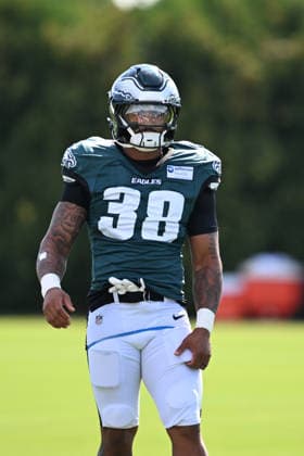 PHILADELPHIA, PA - AUGUST 04: Philadelphia Eagles running back Elijah Mitchell 38 is shown during the Philadelphia Eagles training camp on August 4th, 2026 at Jefferson Health Training Center in Philadelphia, PA. (Photo by Terence Lewis Icon Sportswire) NFL, American Football Herren, USA AUG 04 Eagles Training Camp EDITORIAL USE ONLY Icon260804020