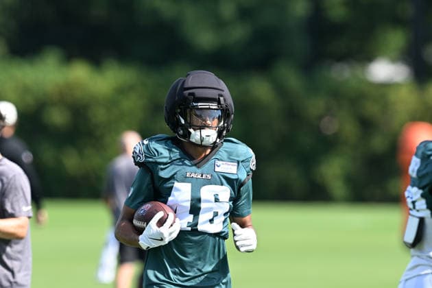 PHILADELPHIA, PA - AUGUST 04: Philadelphia Eagles wide receiver Samori Toure 46 runs a drill during the Philadelphia Eagles training camp on August 4th, 2026 at Jefferson Health Training Center in Philadelphia, PA. (Photo by Terence Lewis Icon Sportswire) NFL, American Football Herren, USA AUG 04 Eagles Training Camp EDITORIAL USE ONLY Icon260804036