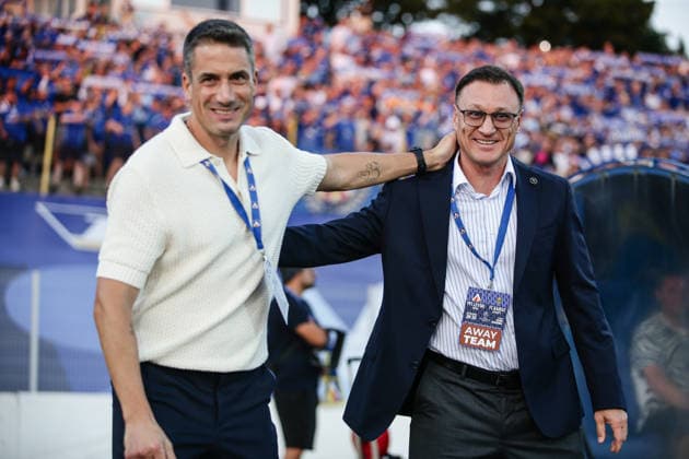 IPA87238010 - Levski and Kairat head coaches Julio Velazquez and Rafael Urazbakhtin embrace before the Champions League qualifying match between PFC Levski Sofia and FC Kairat Almaty at Vivacom Arena Georgi Asparuhov in Sofia, Bulgaria, on August 4, 2026  Copyright: xIvanxSxIvanov IPAxSportx xx 87238010