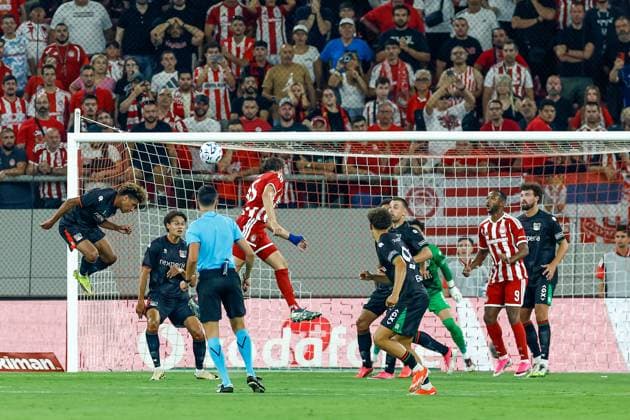 Athens , 04-08-2026 , Stadio Georgios Karaiskakis , third qualifying round of the Champions League , season 2026 2027 , Olympiakos - NEC , picture shows goal attempt by Olympiakos Olympiakos - NEC  x205451811x Copyright:
