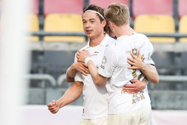 Bodo Glimt s Patrick Berg celebrates after scoring during a soccer game between Belgian Royale Union Saint-Gilloise and Norwegian Bodo Glimt, Tuesday 04 August 2026 in Oostende, in the first leg of the third qualifying round for the UEFA Champions League. BRUNOxFAHY  x182753437x