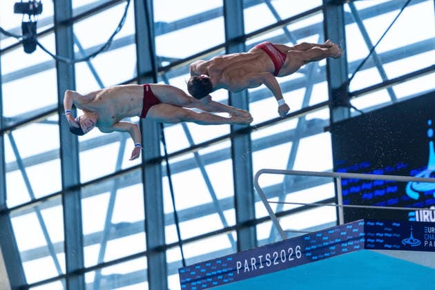SWIMMING - EAC 2026 PARIS,FRANCE,04.AUG.26 - SWIMMING - European Aquatics Championships Paris 2026, diving, 10m synchronised platform, men. Image shows Anton Knoll and Dariush Lotfi (AUT).  GEPAxpictures xPhilippxBrem