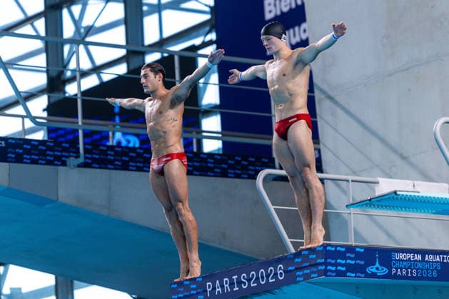SWIMMING - EAC 2026 PARIS,FRANCE,04.AUG.26 - SWIMMING - European Aquatics Championships Paris 2026, diving, 10m synchronised platform, men. Image shows Dariush Lotfi and Anton Knoll (AUT).  GEPAxpictures xPhilippxBrem