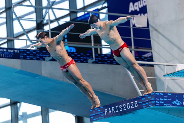 SWIMMING - EAC 2026 PARIS,FRANCE,04.AUG.26 - SWIMMING - European Aquatics Championships Paris 2026, diving, 10m synchronised platform, men. Image shows Dariush Lotfi and Anton Knoll (AUT).  GEPAxpictures xPhilippxBrem