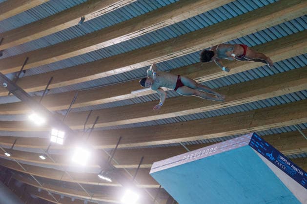 SWIMMING - EAC 2026 PARIS,FRANCE,04.AUG.26 - SWIMMING - European Aquatics Championships Paris 2026, diving, 10m synchronised platform, men. Image shows Anton Knoll and Dariush Lotfi (AUT).  GEPAxpictures xPhilippxBrem