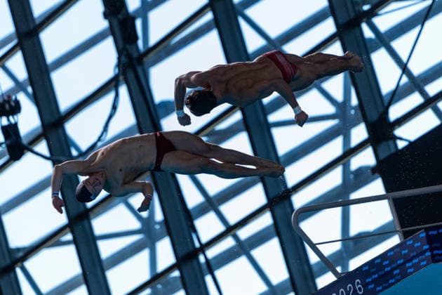 SWIMMING - EAC 2026 PARIS,FRANCE,04.AUG.26 - SWIMMING - European Aquatics Championships Paris 2026, diving, 10m synchronised platform, men. Image shows Anton Knoll and Dariush Lotfi (AUT).  GEPAxpictures xPhilippxBrem