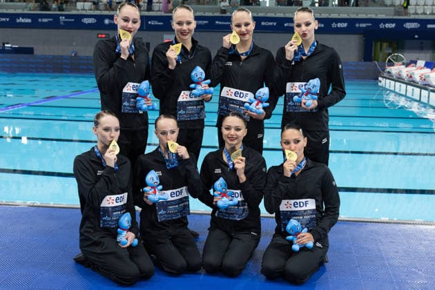 Team technical artistic swimming final European Aquatics Championships - Saint-Denis Neutral Athletes Team after winning gold during the team technical artistic swimming final event during the LEN European Aquatics Championships, at the Olympic Aquatics Centre in Saint-Denis, northeastern suburbs of Paris, on August 4, 2026. Photo by Raphael Lafargue ABACAPRESS.COM Saint-Denis France  Copyright: xLafarguexRaphael ABACAx