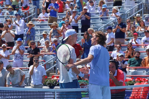 ATP, Tennis Herren Masters 1000 National Bank Open Montreal 2026 - Round of 64 - Day 4 Stefanos Tsitsipas of Greece and Martin Damm of United States after the Men™s Singles round of 64 match on day 4 of the ATP Masters1000 National Bank Open at IGA Stadium. on August 4, 2026, in Montreal, Canada. (Photo by Horacio Zamora Eyepix Group) Copyright: xHoracioxZamorax xEyepixxGroupx HZ_04082026_193789