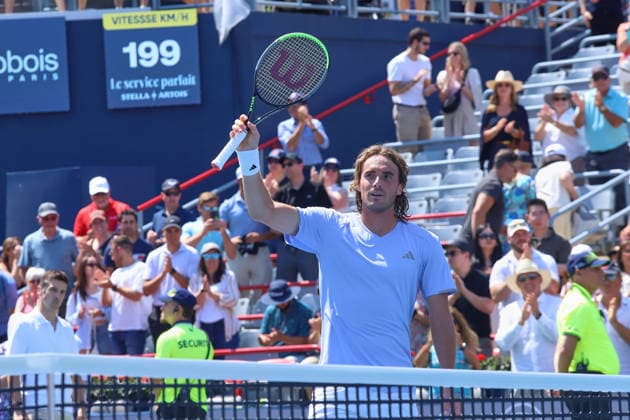 ATP, Tennis Herren Masters 1000 National Bank Open Montreal 2026 - Round of 64 - Day 4 Stefanos Tsitsipas of Greece celebrates the victory during the Men™s Singles round of 64 match against Martin Damm of United States on day 4 of the ATP Masters1000 National Bank Open at IGA Stadium. on August 4, 2026, in Montreal, Canada. (Photo by Horacio Zamora Eyepix Group) Copyright: xHoracioxZamorax xEyepixxGroupx HZ_04082026_193791