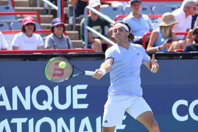 ATP, Tennis Herren Masters 1000 National Bank Open Montreal 2026 - Round of 64 - Day 4 Stefanos Tsitsipas of Greece plays a forehand during the Men™s Singles round of 64 match against Martin Damm of United States on day 4 of the ATP Masters1000 National Bank Open at IGA Stadium. on August 4, 2026, in Montreal, Canada. (Photo by Horacio Zamora Eyepix Group) Copyright: xHoracioxZamorax xEyepixxGroupx HZ_04082026_193774