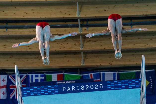 SWIMMING - EAC 2026 PARIS,FRANCE,04.AUG.26 - SWIMMING - European Aquatics Championships Paris 2026, diving, 10m synchronised platform, men. Image shows Dariush Lotfi and Anton Knoll (AUT).  GEPAxpictures xPhilippxBrem