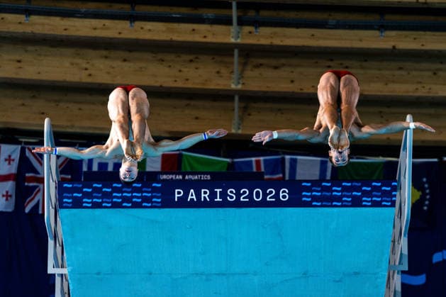 SWIMMING - EAC 2026 PARIS,FRANCE,04.AUG.26 - SWIMMING - European Aquatics Championships Paris 2026, diving, 10m synchronised platform, men. Image shows Dariush Lotfi and Anton Knoll (AUT).  GEPAxpictures xPhilippxBrem