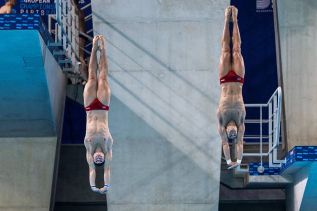 SWIMMING - EAC 2026 PARIS,FRANCE,04.AUG.26 - SWIMMING - European Aquatics Championships Paris 2026, diving, 10m synchronised platform, men. Image shows Dariush Lotfi and Anton Knoll (AUT).  GEPAxpictures xPhilippxBrem