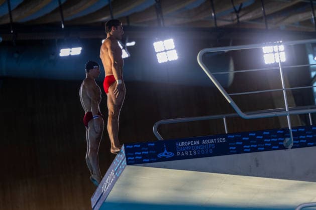 SWIMMING - EAC 2026 PARIS,FRANCE,04.AUG.26 - SWIMMING - European Aquatics Championships Paris 2026, diving, 10m synchronised platform, men. Image shows Anton Knoll and Dariush Lotfi (AUT).  GEPAxpictures xPhilippxBrem