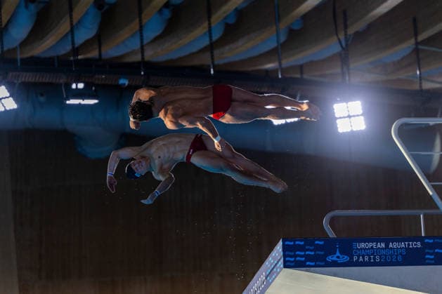 SWIMMING - EAC 2026 PARIS,FRANCE,04.AUG.26 - SWIMMING - European Aquatics Championships Paris 2026, diving, 10m synchronised platform, men. Image shows Anton Knoll and Dariush Lotfi (AUT).  GEPAxpictures xPhilippxBrem