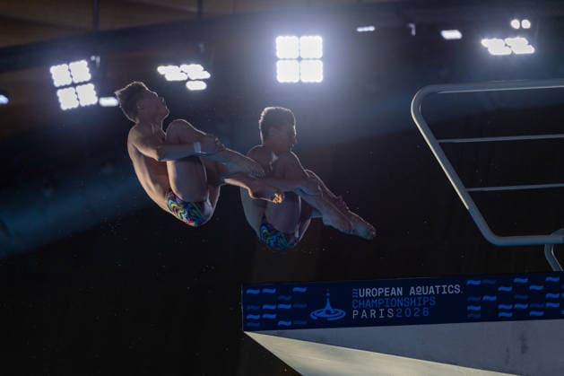 SWIMMING - EAC 2026 PARIS,FRANCE,04.AUG.26 - SWIMMING - European Aquatics Championships Paris 2026, diving, 10m synchronised platform, men. Image shows Mark Hrytsenko and Oleksii Sereda (UKR).  GEPAxpictures xPhilippxBrem