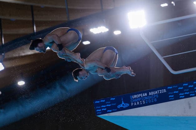 SWIMMING - EAC 2026 PARIS,FRANCE,04.AUG.26 - SWIMMING - European Aquatics Championships Paris 2026, diving, 10m synchronised platform, men. Image shows Ben Cutmore Euan McCabe (GBR).  GEPAxpictures xPhilippxBrem