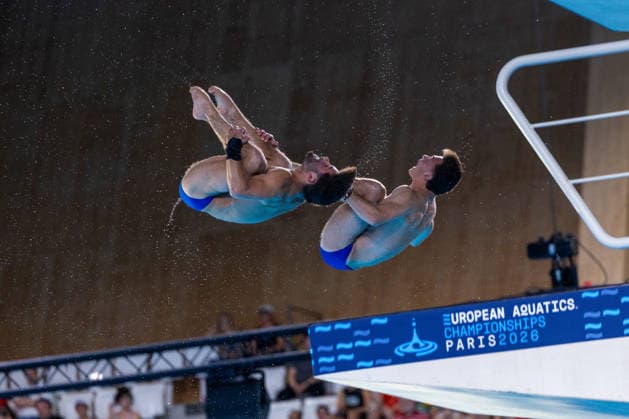 SWIMMING - EAC 2026 PARIS,FRANCE,04.AUG.26 - SWIMMING - European Aquatics Championships Paris 2026, diving, 10m synchronised platform, men. Image shows Ben Cutmore Euan McCabe (GBR).  GEPAxpictures xPhilippxBrem