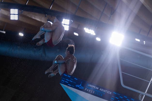 SWIMMING - EAC 2026 PARIS,FRANCE,04.AUG.26 - SWIMMING - European Aquatics Championships Paris 2026, diving, 10m synchronised platform, men. Image shows Anton Knoll and Dariush Lotfi (AUT).  GEPAxpictures xPhilippxBrem