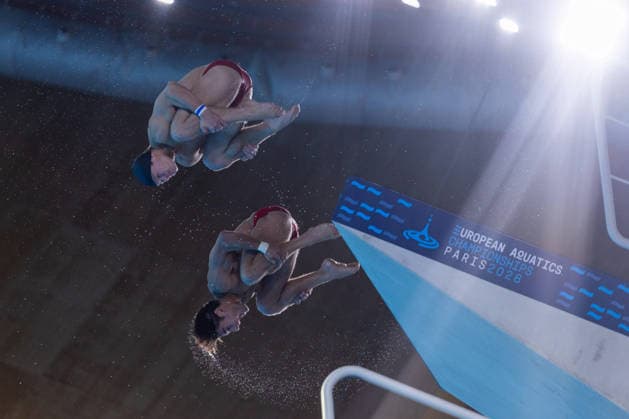 SWIMMING - EAC 2026 PARIS,FRANCE,04.AUG.26 - SWIMMING - European Aquatics Championships Paris 2026, diving, 10m synchronised platform, men. Image shows Anton Knoll and Dariush Lotfi (AUT).  GEPAxpictures xPhilippxBrem