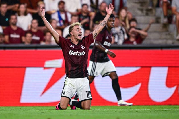 Adam Karabec of Sparta reacts during the 1st leg, 3rd qualifying round match of the Football Champions League between Sparta Praha and Olympique Lyon, on August 4, 2026, in Prague, Czech Republic. (CTKxPhoto OndrejxDeml) CTKPhotoP2026080406686  CTKPhotoP2026080406686