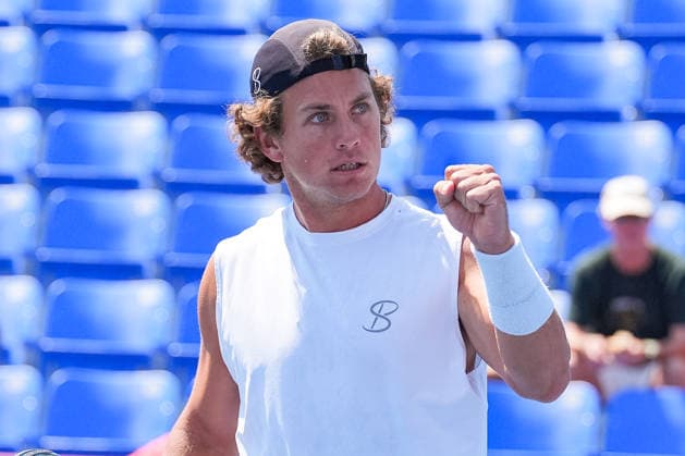 MONTREAL, QC - AUGUST 04: Liam Draxl (CAN) reacts after scoring a point during a first round match at National Bank Open on August 04, 2026 at IGA Stadium in Montreal, QC (Photo by David Kirouac Icon Sportswire) TENNIS: AUG 04 National Bank Open EDITORIAL USE ONLY Icon26080404126