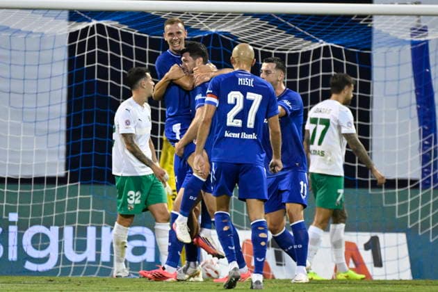 Croatia, Zagreb, 040826. Maksimir Stadium. Football match of the third round of UEFA Champions League qualification, GNK Dinamo - FK Kauno Zalgiris. In the photo: Dinamo players celebrating. Photo: Goran Mehkek CROPIX Zagreb Croatia Copyright: xxGoranxMehkekx gm_dinamo_kauno37-040826