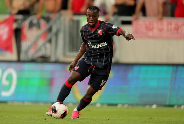 Crvena Zvezda v Hapoel Beer Sheva, UEFA Champions League third qualifying round, first leg, Season 2026 2027 Szombathely, Hungary. 4th August, 2026. Crvena Zvezda s Osman Bukari during the UEFA Champions League third qualifying round, first leg football match between Crvena Zvezda (Red Star) and Hapoel Be er Sheva at the Haladas Stadium on August 4, 2026 in Szombathely, Hungary. Szombathely Hungary Copyright: xPedjaxMilosavljevicx x