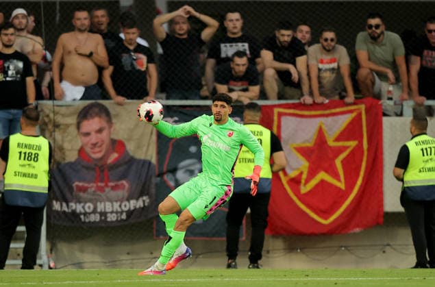 Crvena Zvezda v Hapoel Beer Sheva, UEFA Champions League third qualifying round, first leg, Season 2026 2027 Szombathely, Hungary. 4th August, 2026. Crvena Zvezda s goalkeeper Lima Magalhaes Matheus during the UEFA Champions League third qualifying round, first leg football match between Crvena Zvezda (Red Star) and Hapoel Be er Sheva at the Haladas Stadium on August 4, 2026 in Szombathely, Hungary. Szombathely Hungary Copyright: xPedjaxMilosavljevicx x