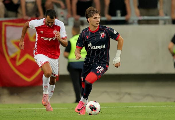 Crvena Zvezda v Hapoel Beer Sheva, UEFA Champions League third qualifying round, first leg, Season 2026 2027 Szombathely, Hungary. 4th August, 2026. Crvena Zvezda s Vasilije Kostov during the UEFA Champions League third qualifying round, first leg football match between Crvena Zvezda (Red Star) and Hapoel Be er Sheva at the Haladas Stadium on August 4, 2026 in Szombathely, Hungary. Szombathely Hungary Copyright: xPedjaxMilosavljevicx x